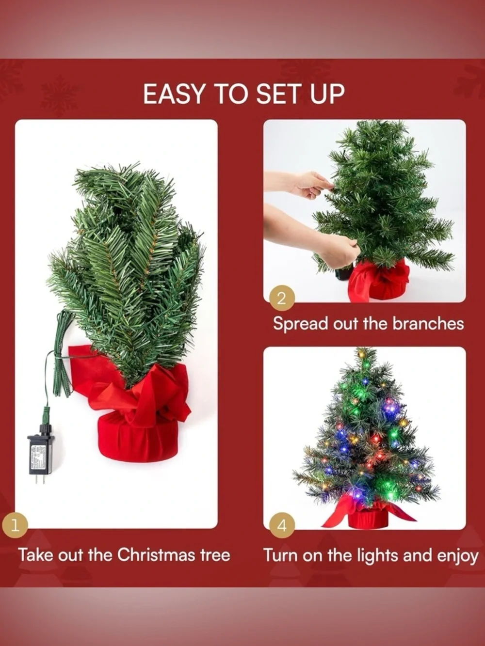 Green Mini Holiday Tree with Multicolor Lights and Red Fabric Base